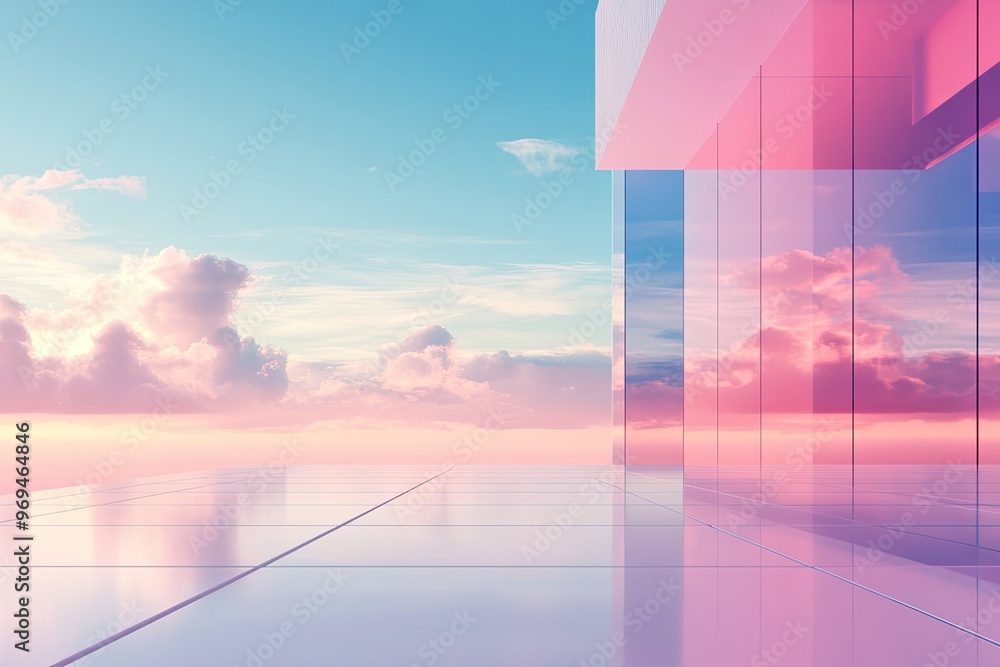 Poster stunning modern architecture with reflective glass and vibrant clouds, creating a serene and futuris