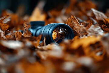 A sniper buried under a pile of leaves, their rifle poking through a small gap as they patiently wait for their target to pass by