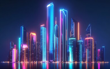 Obraz premium Vibrant skyline illuminated by colorful neon lights, showcasing modern architecture against a dark night sky, perfect for urban themes.