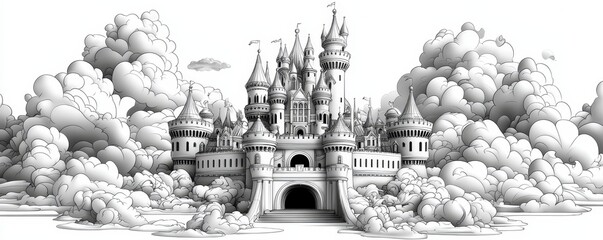 Enchanting fairy tale castle surrounded by a moat, black and white, line art, magical, medieval, fortress, dreamy ::1.2 drawbridge, turrets, princesses, knights, fairy godmothers