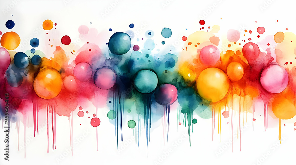 Poster a vibrant watercolor splash featuring colorful circles and drips, creating an abstract design.