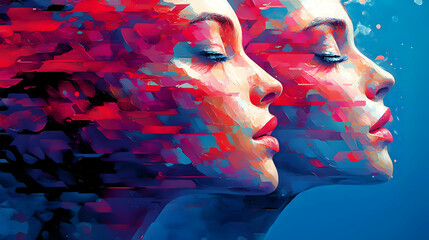A vibrant, abstract depiction of two female profiles merging with colorful patterns.
