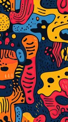 Whimsical doodle pattern with quirky shapes and bright colors 