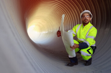 Smart engineer with safety suit holding walkie-talkie inspecting large power system pipeline.