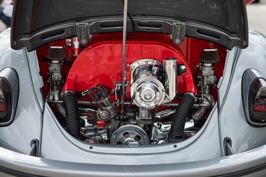 air-cooled 4-cylinder boxer engine of a restored classic Volkswagen Type 1