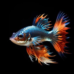 Fototapeta premium A vibrant, colorful fish with flowing fins swimming against a black background.