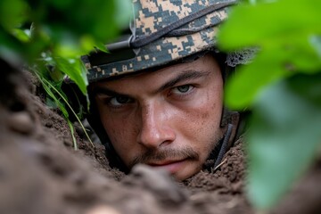Obraz premium A sniper lying in a shallow ditch, with netting and plants draped over their body to blend into the earth around them