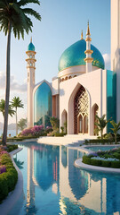 Naklejka premium A vertical wallpaper image of a Muslim mosque silhouetted against a vibrant beautifulsky, showcasing intricate architectural details.