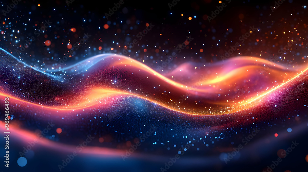Poster a vibrant, abstract representation of flowing waves with sparkling particles.