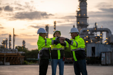 Engineer industry jackets and hard hats standing in an industrial area,  refinery or power plant....