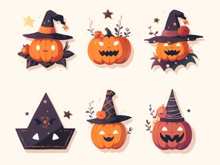 A festive illustration featuring Halloween-themed pumpkins and witch hats with playful designs.