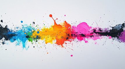 White backdrop with bold, abstract splatters in neon colors 