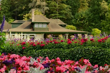 Charming house with vibrant flower gardens in a forest.