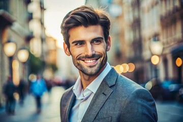 Fototapeta premium Confidently smiling, stylishly dressed, and strongly jawlined, this attractively rugged gentleman exudes charm,