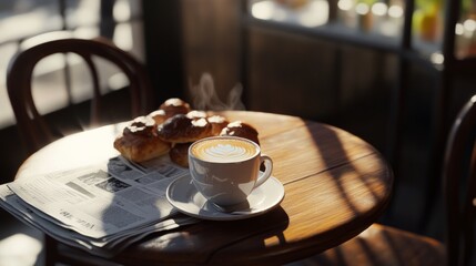 cozy cafa scene with a focus on a cup of hot coffee on a wooden table, surrounded by pastries and a newspaper, with warm morning light streaming in.