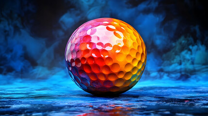 A vibrant, colorful golf ball sits against a dynamic, abstract background.