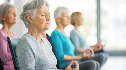 Elderly group participating in a chair yoga program, light stretching for wellness, senior chair yoga, wellness and flexibility