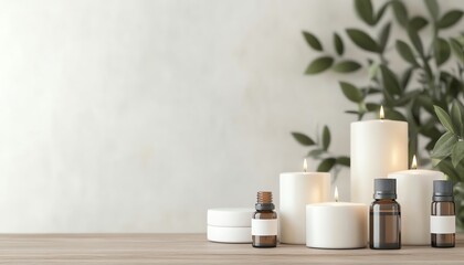 A serene arrangement of candles and essential oils on a wooden surface, perfect for creating a calming atmosphere.