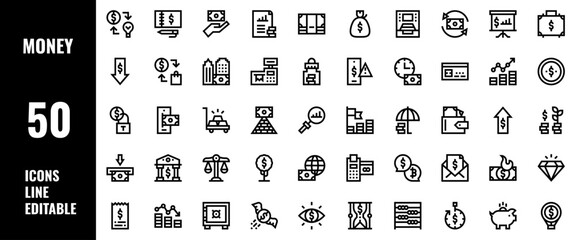 50 Money Icons Set Pack Line Editable Vector Illustration