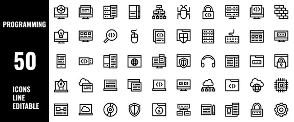 50 Programming Icons Set Pack Line Editable Vector Illustration