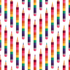 Seamless pattern of colored pencils on white background. Cute design for education, stationery decorative, gift wrapping and packaging. Vector illustration in flat style.