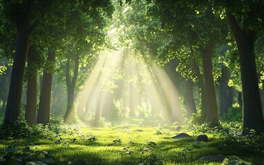 Obraz premium A serene forest scene with sunlight streaming through lush trees, creating a peaceful and magical atmosphere.
