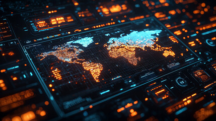 Obraz premium A digital map of the world in blue and orange.