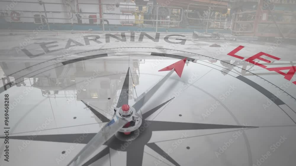 Poster animation of compass with learning text over shipyard