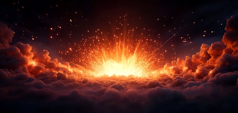 Dramatic view of a glowing explosion radiating through dark clouds, creating a stunning spectacle of fiery light in the sky.