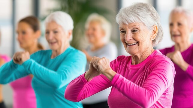 Elderly group practicing light Zumba in a wellness class, fun and energetic, senior Zumba wellness, fitness and wellness