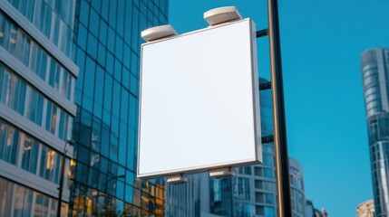 Obraz premium A blank billboard stands against a modern urban backdrop, ideal for advertising or showcasing creativity in city settings.