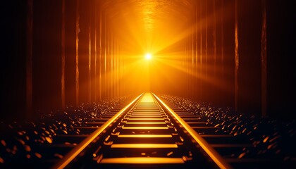 Glowing light at the end of a railway tunnel, symbolizing hope and new beginnings, with dramatic lighting and perspective.