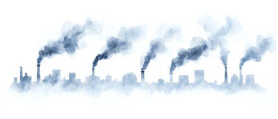 Industrial skyline with smoke stacks emitting pollution into the atmosphere, highlighting environmental concerns and air quality issues.