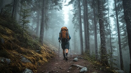 Fototapeta premium A lone backpacker trekking through a misty mountain trail surrounded by tall trees