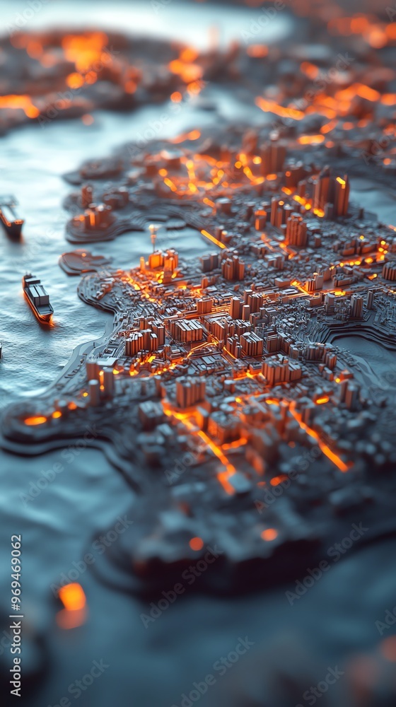 Poster a futuristic city illuminated with glowing lights on a model of a cityscape.