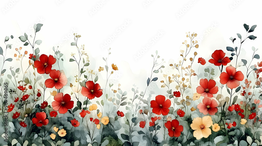 Canvas Prints A watercolor illustration of vibrant flowers and greenery on a white background.