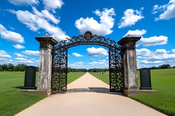 A weathered iron gate at a historical battlefield, with memorial plaques on either side, standing as a reminder of the past