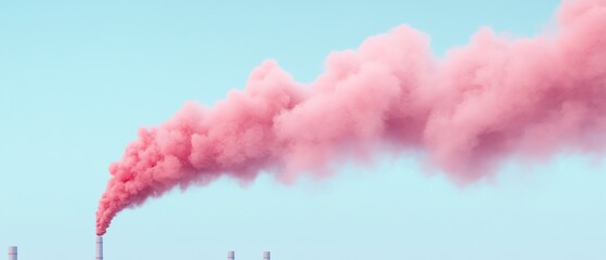 Pink smoke billowing from an industrial chimney against a clear blue sky. Environmental pollution and industrial waste in the atmosphere.