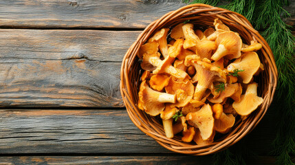Fototapeta premium basket of chanterelles mushrooms on dark wooden background. Copy space. Orange eatable mushrooms chanterelles collected in the forest. Autumn harvest. Top view. chanterelle season