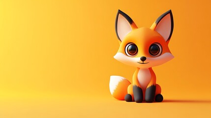 Obraz premium Adorable 3D Cartoon Fox Character with Large Eyes on Orange Background | Charming Red Fox Illustration in Blender Rendering