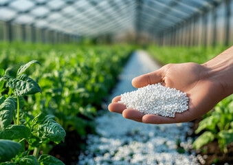  a hand in protective gloves evenly distributes white urea granules over the beds, preparing the soil for harvest. The urea dissolves in the soil, promoting faster plant growth