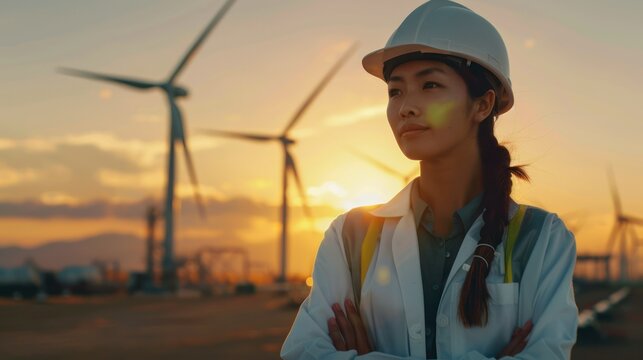 Confident female engineer ensures efficient, safe renewable energy at sunset. Innovative teamwork in manufacturing, led by a businesswoman, focuses on sustainable solutions. Diverse workforce