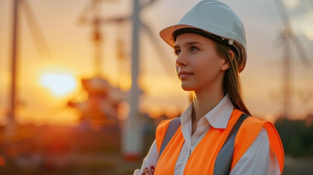 Confident female engineer ensures efficient, safe renewable energy at sunset. Innovative teamwork in manufacturing, led by a businesswoman, focuses on sustainable solutions. Diverse workforce