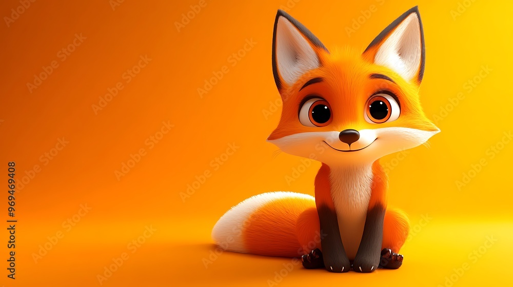 Poster adorable red cartoon fox in 3d style on orange background - high resolution blender render with simp