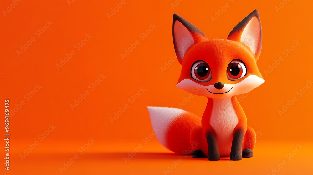 Poster whimsical red cartoon fox sitting in 3d style on orange background - high resolution blender render 