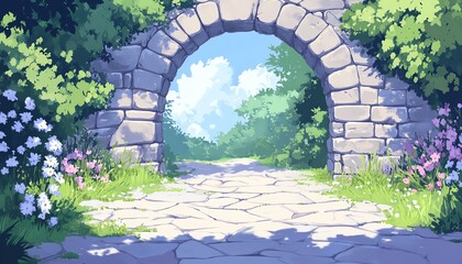 Stone archway leading to a serene garden path surrounded by lush greenery and vibrant flowers under a clear blue sky.