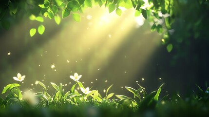 Sunlight filtering through lush green leaves, illuminating delicate flowers on a forest floor, creating a serene, natural ambiance.