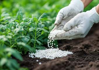  a hand in protective gloves evenly distributes white urea granules over the beds, preparing the soil for harvest. The urea dissolves in the soil, promoting faster plant growth