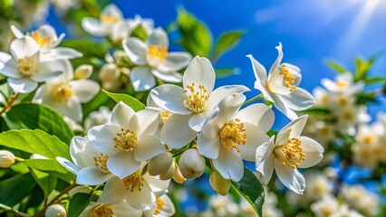 Delicate white flowers with yellow centers bloom on a lush, green-leafed mock orange tree, filling the air with
