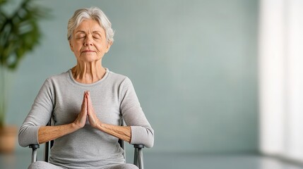 Elderly woman practicing yoga poses with a chair, part of a wellness class, elderly yoga with chair, mobility and wellness